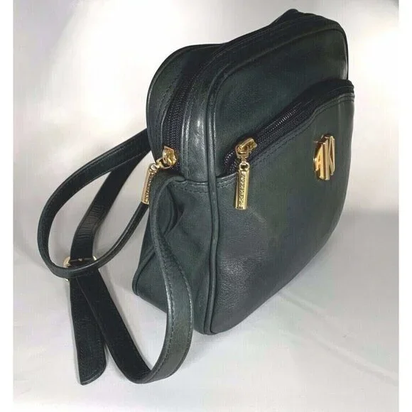 Vtg Anne Klein II Green Leather Crossbody Purse Bag Monogram Logo Korea Strap - Picture 3 of 10